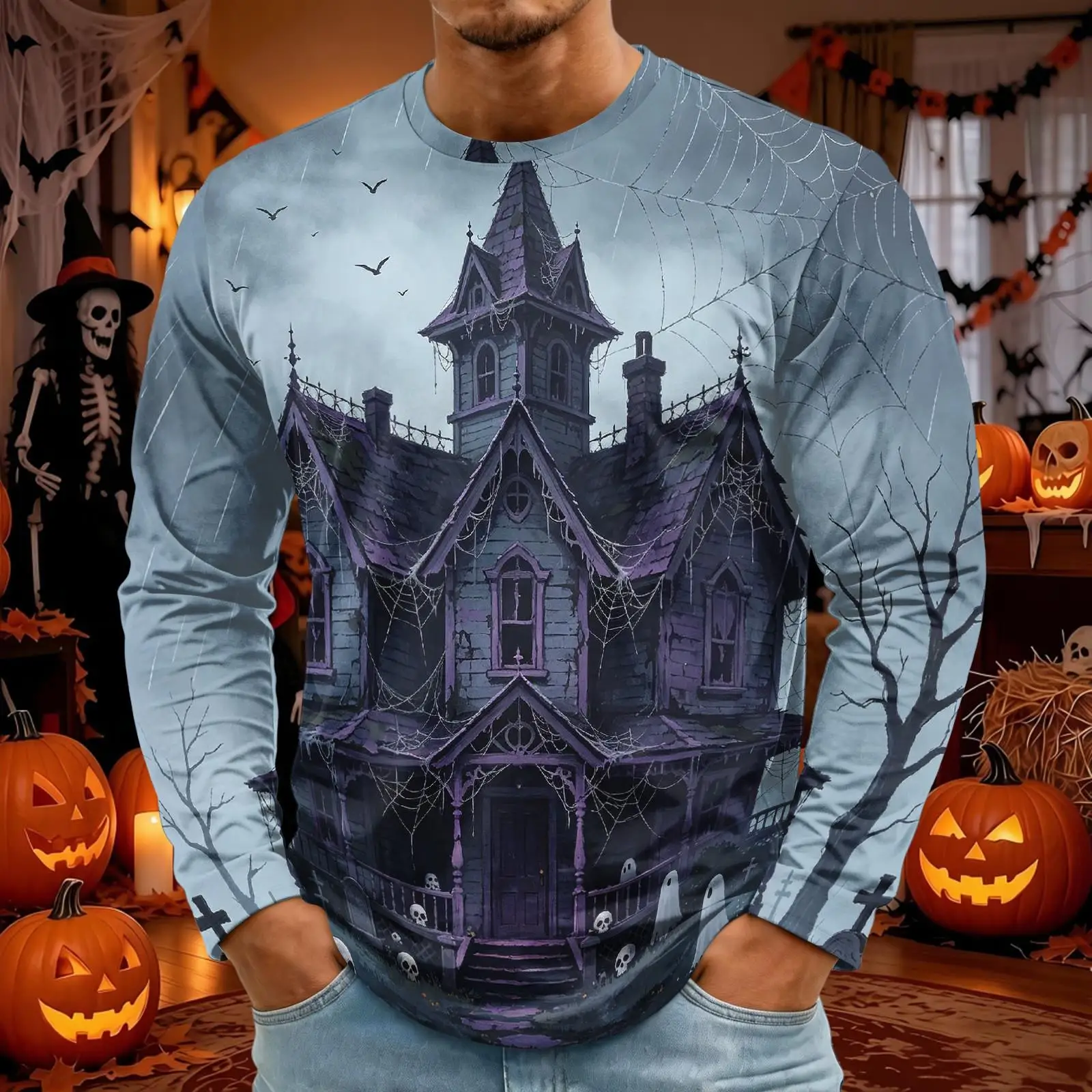 Men Long Sleeve T Shirt Halloween Haunted House Ghost Pumpkin Spider Web 3D Print Casual Daily Party Tops