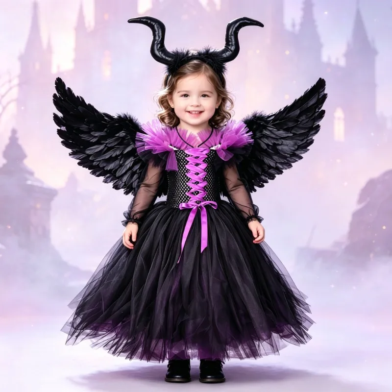 Kids' Black & Purple Witch Clothes 3-Piece Set, Festival Dress Suit, Children's Outfit for Halloween Party & Performance