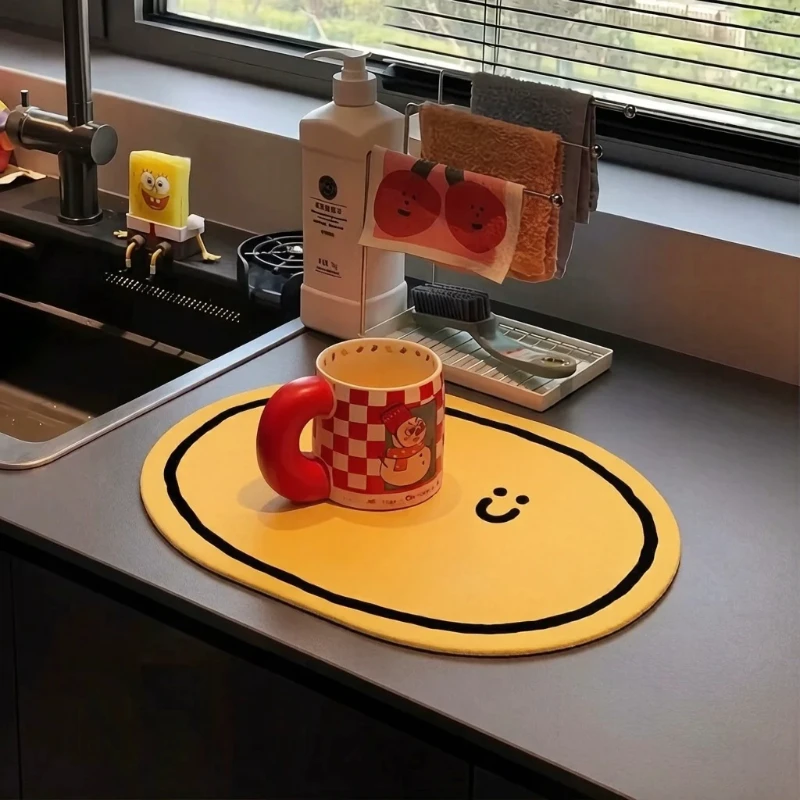 VIKAMA Smiley Face Kitchen Mat for Sink Counter Drainage Drying Pad Table Placemat Washable Aesthetic Home Decor