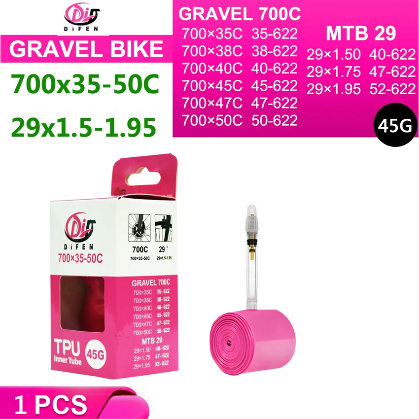 DiFEN TPU Schlauch 700C GRAVEL Bike 700x35-50C für 35C 38C 40C 45C 50C Reifen Fahrradkamera MTB 29x1.5-1.95 Pneu Aro Reifen 45G