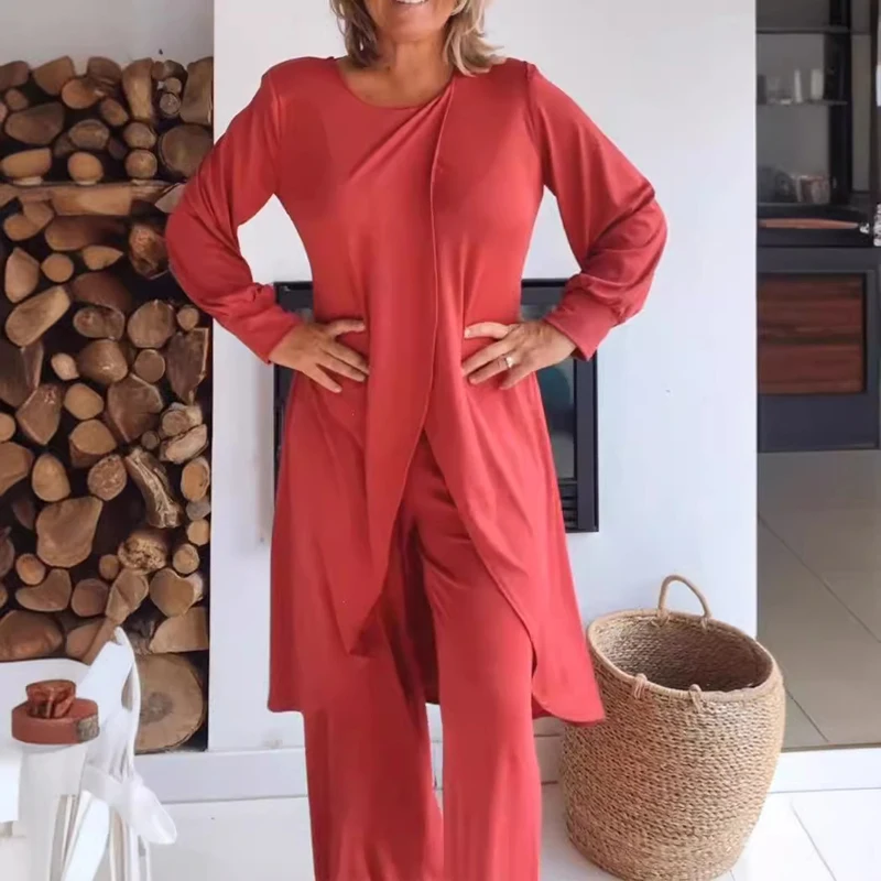 

Solid Casual Two Piece Set Women Outfit Summer O-neck Slit Long Top Pullover & Long Pant Spring Irregular Swallowtail Shirt Suit