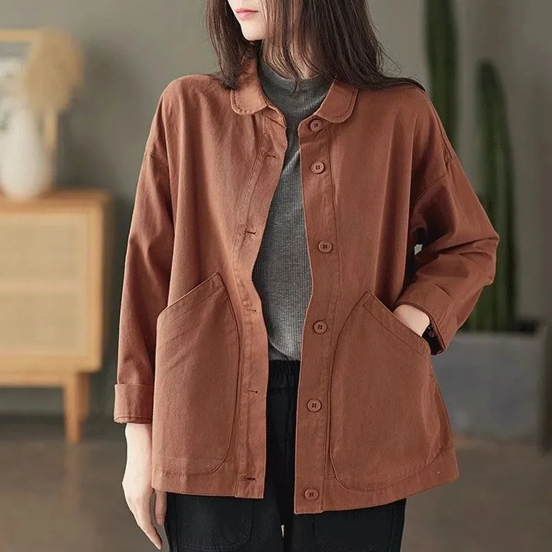 2024 Spring and Autumn Season Art Retro Simple Twill Cotton Solid Pocket Single Breasted Loose and Versatile Women\'s Shirt Coat