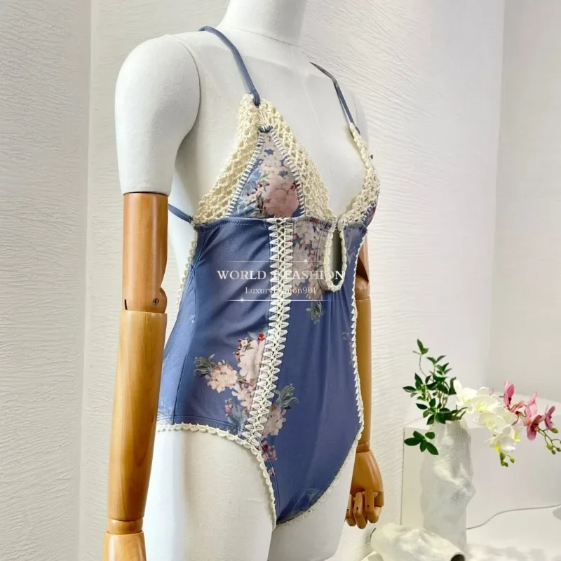 

Swimsuit 2025 Vintage New Summer High Quality Self Tie Back Lace-up Women Clothing Sea Beach Coconut Trees Print