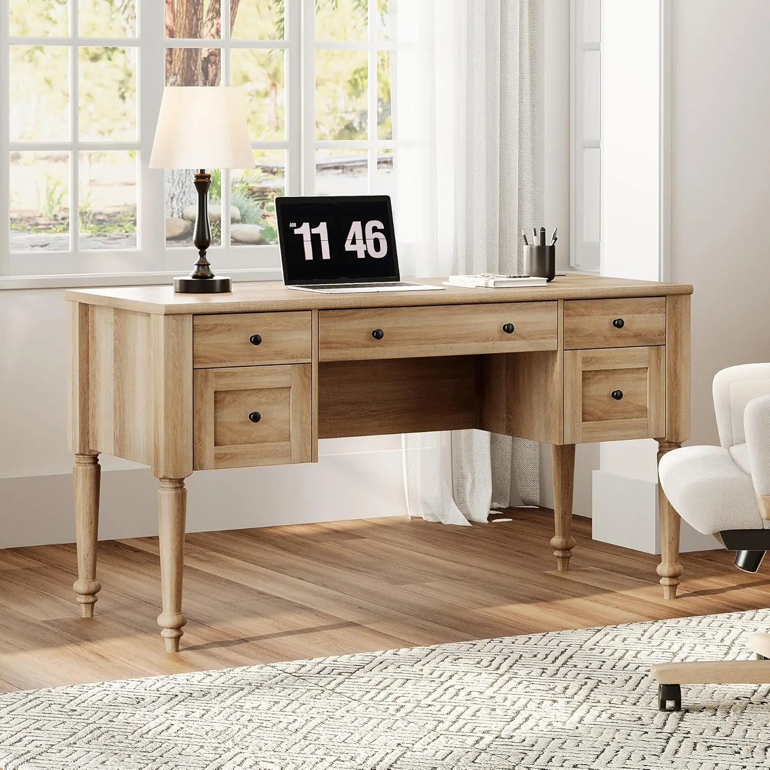 

Farmhouse Executive Desk 5 Drawers Charging Station Wood File Cabinet Door Open Shelf Office Study 55 inch, Customized
