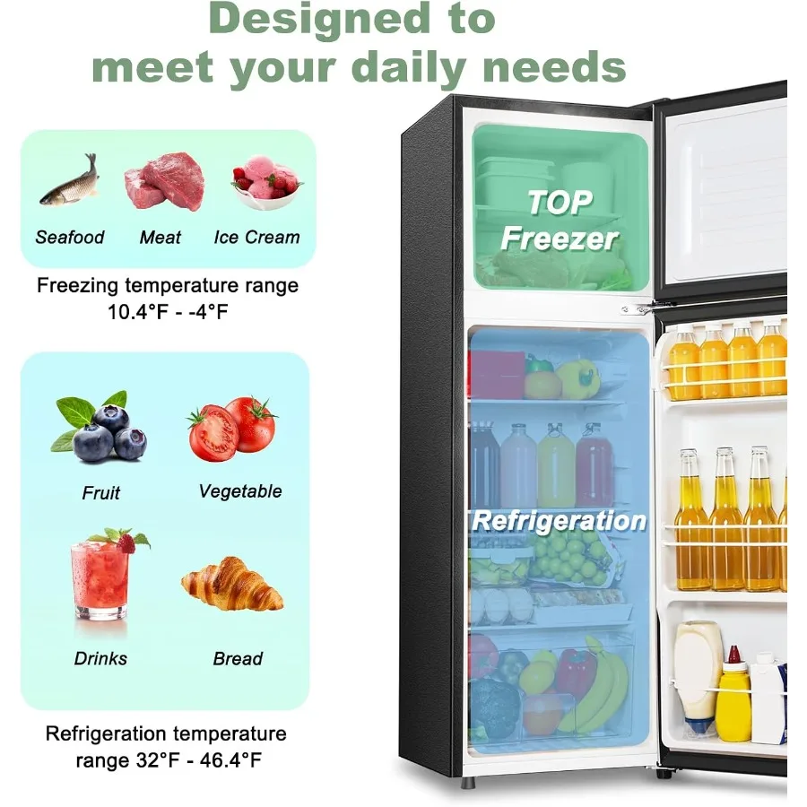 ثلاجة صغيرة مدمجة 4.0 قدم مكعب مع فريزر علوي لمكتب النوم أو شقة صغيرة بتصميم باب مزدوج مع 7 مستويات قابلة للتعديل