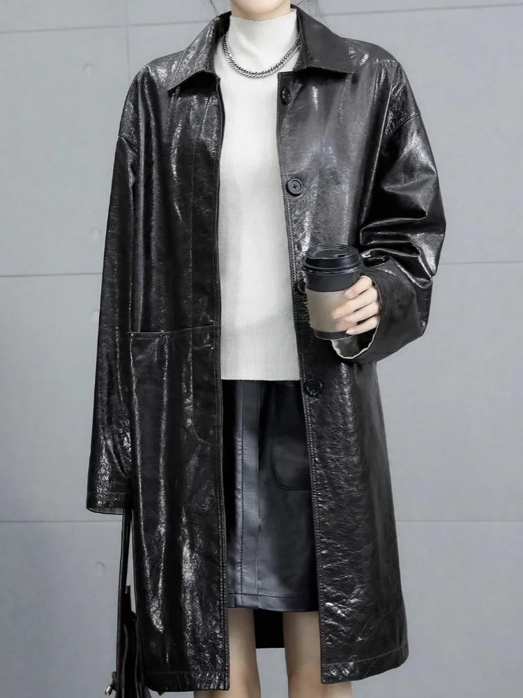 سترة Streetwear بجيب واحد الصدر بلون سادة من الجلد الطبيعي مع طية صدر السترة وأكمام طويلة معطف فضفاض من جلد البقر للسيدات #4
