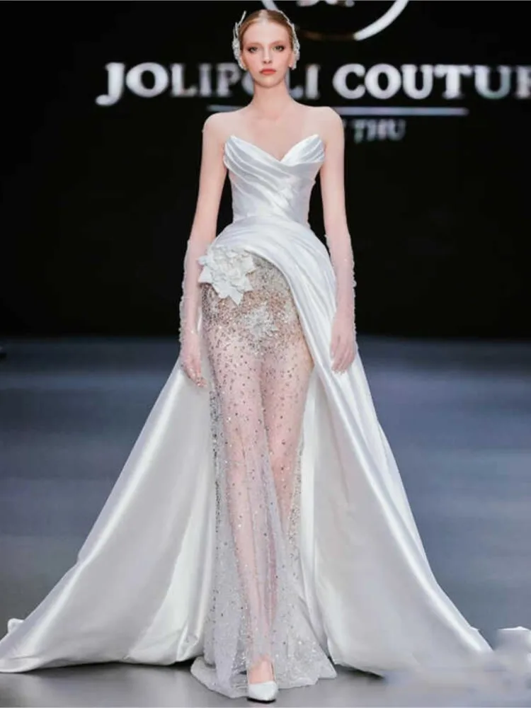 

A new off-the-shoulder light luxury satin beaded catwalk dress with refined and elegant style