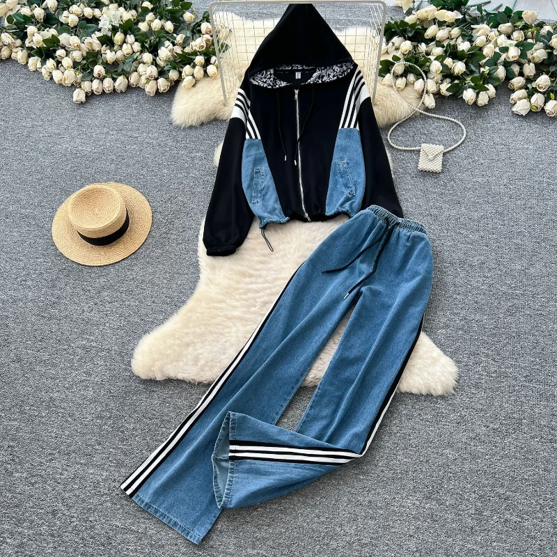 

Fashion Printed Hooded Slim Fit Denim Jacket Casual High Waist Striped Wide Leg Pants Two Piece Set for Women 2025 Autumn Suits