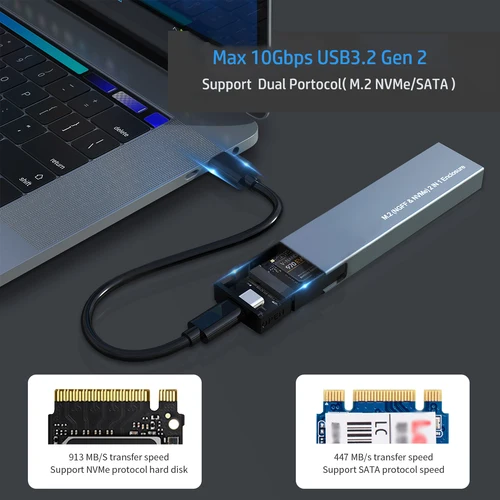 Imagen 2 del producto Caja de protocolo Dual M2 NVMe NGFF SATA SSD, caja HDD SSD de 10Gbps a USB3.1, caja externa para llave 2230 2242 2260 2280 M/B & M