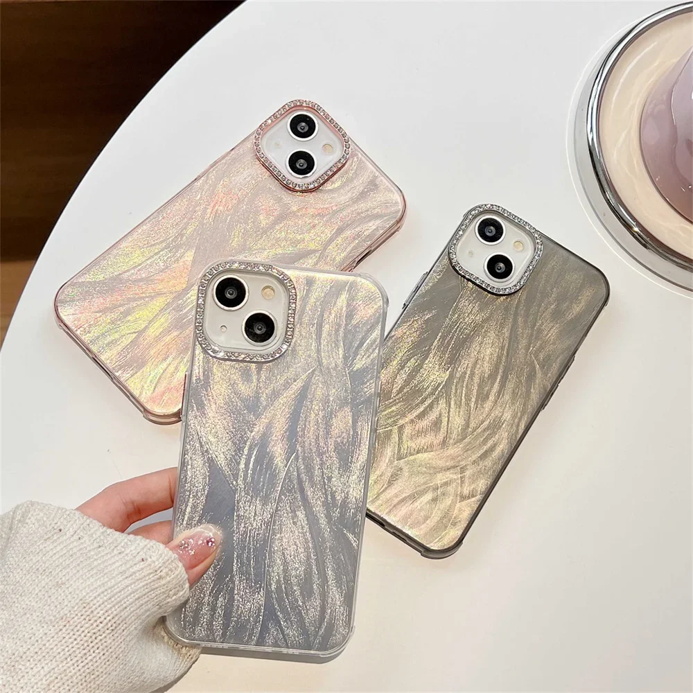 Fashion Wire Drawing Process Phone Case For iPhone 15 Pro Max 11 12 13 14 pro Diamonds Lens Protector Women Cute Protection Case