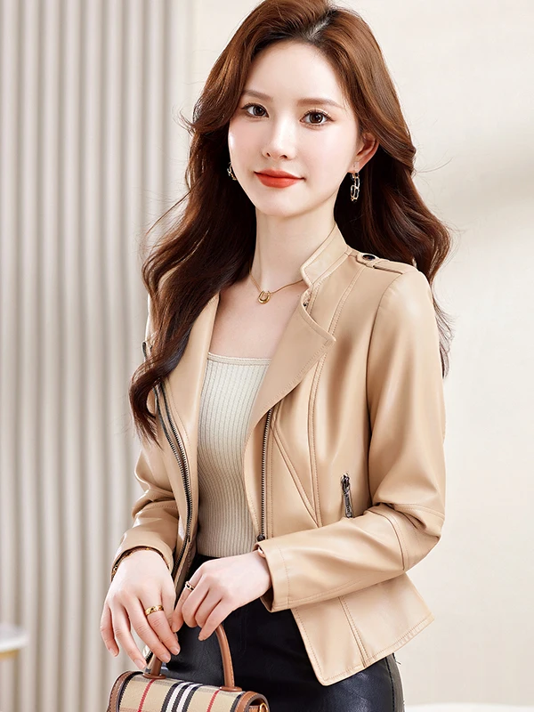 Manteau en cuir véritable pour femme, coupe ajustée, décontracté, avec fermeture éclair, style coréen, collection Printemps-Automne 2025