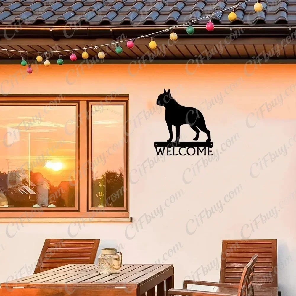 CIFBUY Boston Terrier Dog Welcome Sign Iron Wall Decor Metal Art Hanging Ornament Rust Proof Indoor Entryway Unique Gift Plaque