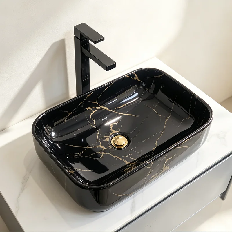 Elegant Stone-Patterned Ceramic Vessel Sink, Rectangular Design Ceramic Washbasin - Ideal for Modern Bathroom Fixtures, Suitable for Dressing Rooms, Vanity Tables, and Bathrooms