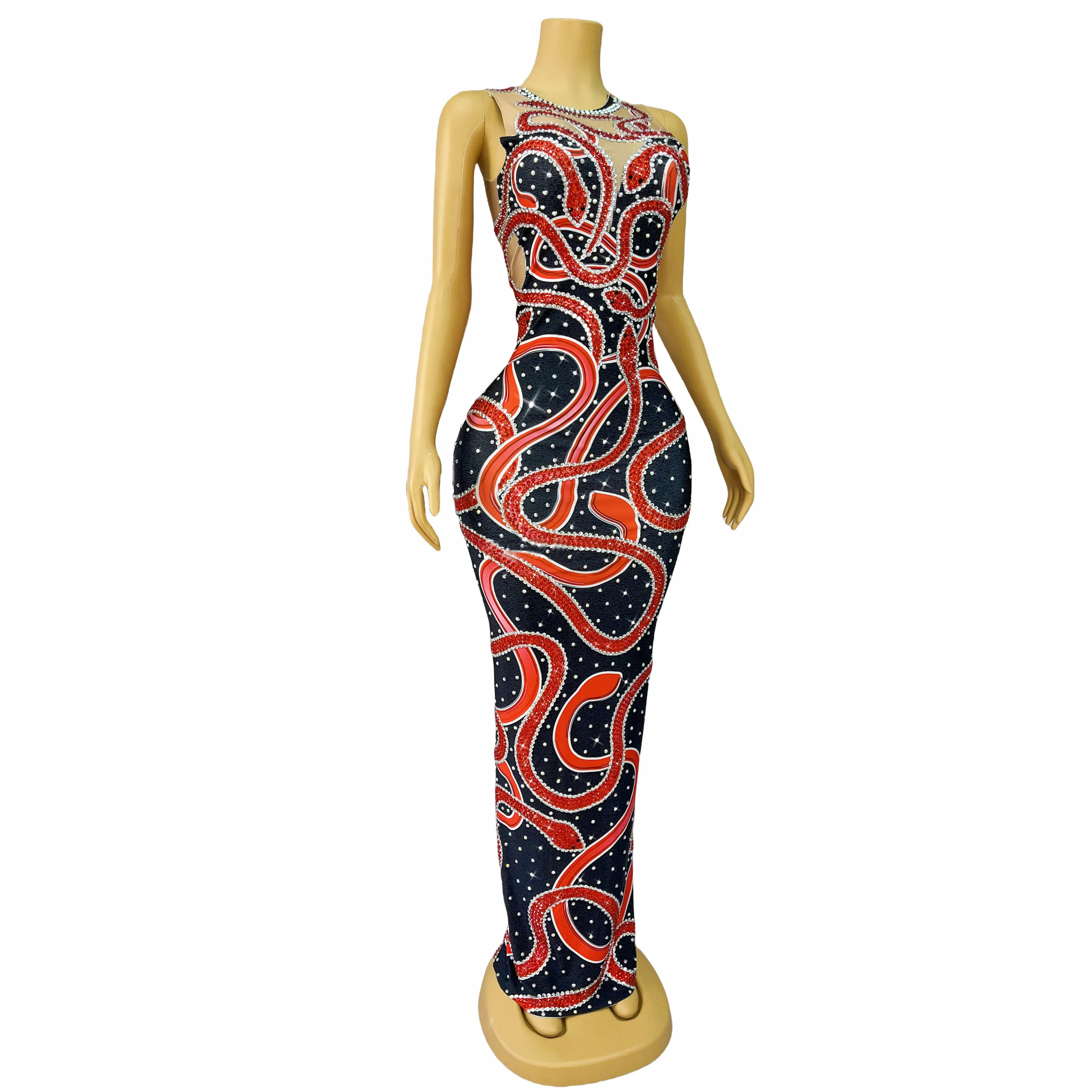 بلينغ الأفعى نمط الراين فستان المرأة حفلة ثوب مسائي بار Ds Dj Gogo زي ملهى ليلي المرحلة المنصة الزي