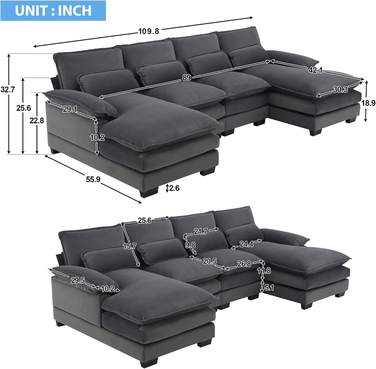 Modern Velvet Large Overstuffed U Shaped Couch, Comfy Modular Sofa Sleeper with Double Chaise & Cushions(Gray)