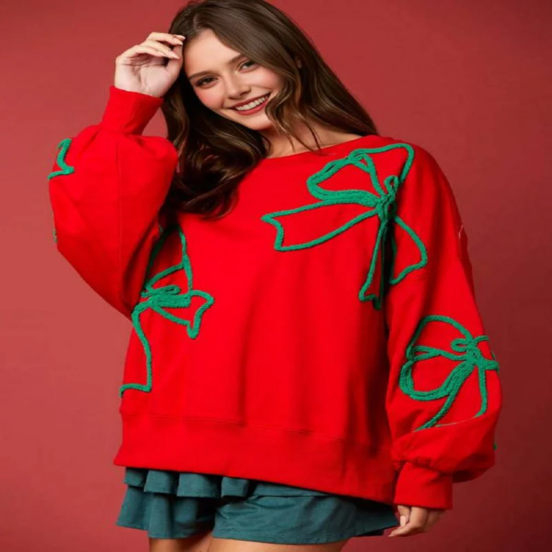 Women'S Cute Bow-Knot Casual Lantern Long Sleeve Crew Neck Sweatshirts Fall Loose Fit Y2k Pullover Tops