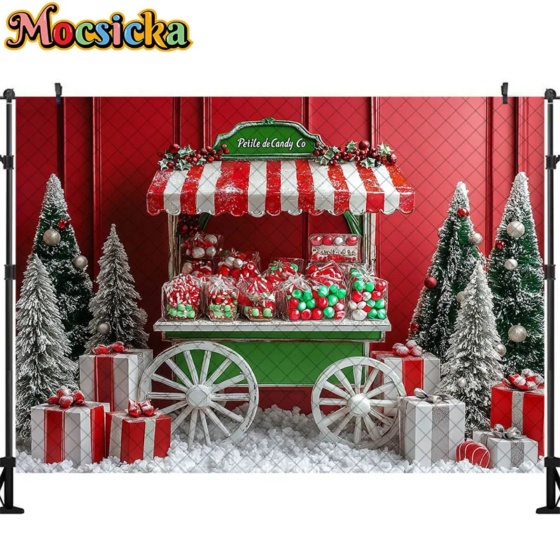Mocsicka fondo de fotografía, carrito de tienda de dulces, árbol de Navidad, decoración de vacaciones, fondos de fotos para niños, accesorios de estudio