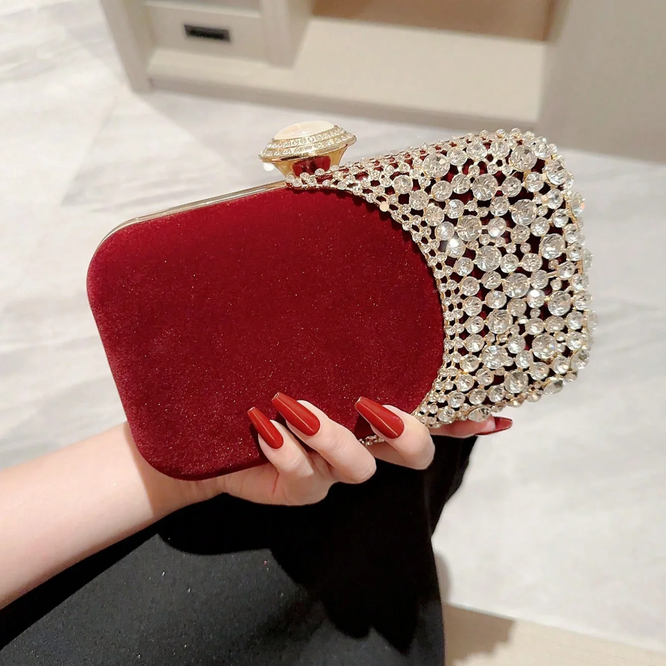 Nuevo Bolso de Noche de Terciopelo con Bloques de Color y Adornos de Diamantes, Bolso de Noche de Alta Gama para Mujer con Forma de Caja y Hebilla Cuadrada, Tipo Clutch