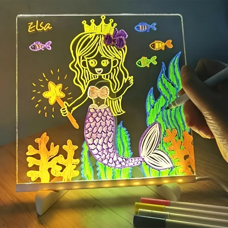 LED message board with 7 colored pens and fabric, DIY acrylic message board, children's drawing board, children's birthday gift.
