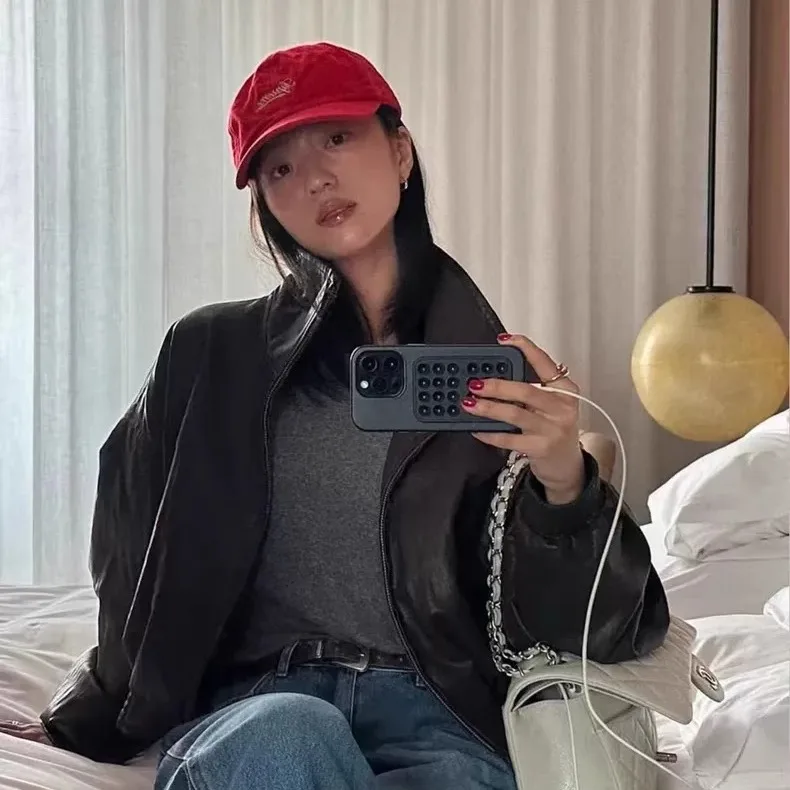 معطف فضفاض مناسب لراكبي الدراجات النارية Sle Jaet ort بسحاب للإغلاق بلون نقي وياقة واقفة معطف جلدي صديق للبيئة للشابات #3