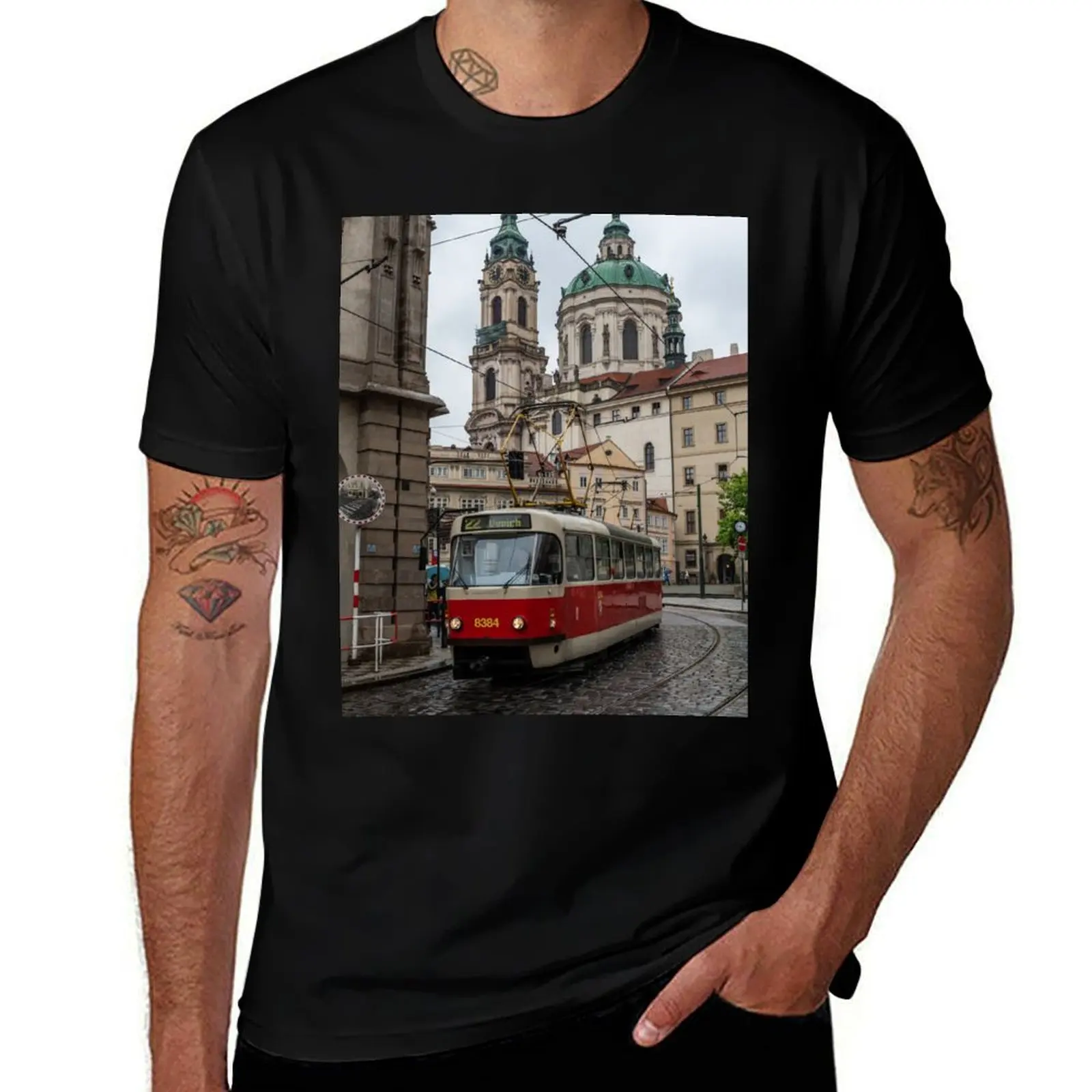 Tram in the streets of Prague T-Shirt Festival Short Sleeve T-Shirt