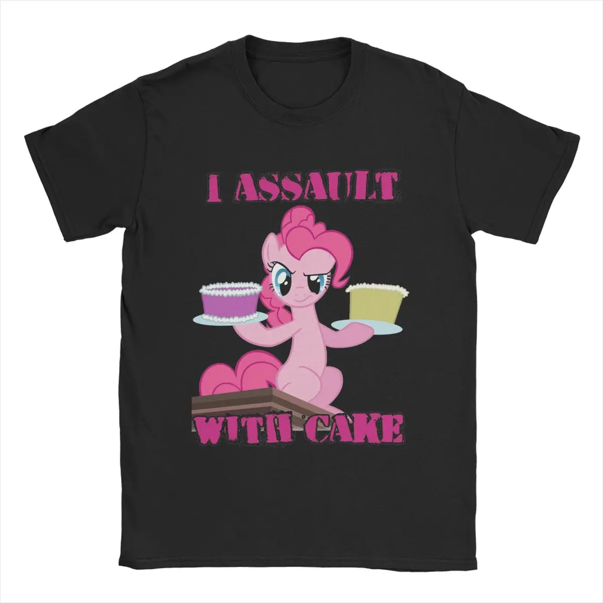 Pinkie Pie Assaults With Cake T Shirt for Men Cotton Novelty T-Shirt Round Collar Mlp Tee Shirt Short Sleeve Tops Adult