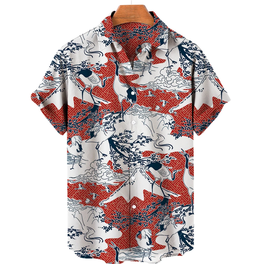 Men\'s Crane Clothing Grus Japonensis Printing Hawaiian Folk-custom Oversized Shirts Vintage Casual Camisa Floral Masculina Y2k