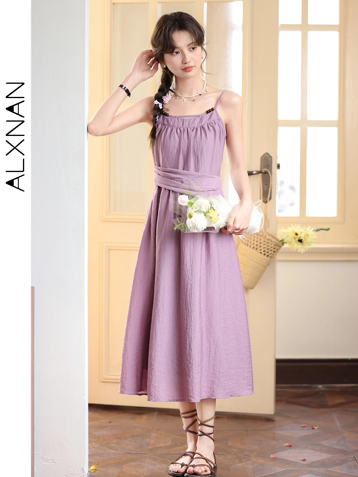 ALXNAN Frenchy Spaghetti Strap Purple Dresses for Women 2024 Elegant Chic Fashion A Line Sleeveless Fitted Midi Dress L35227