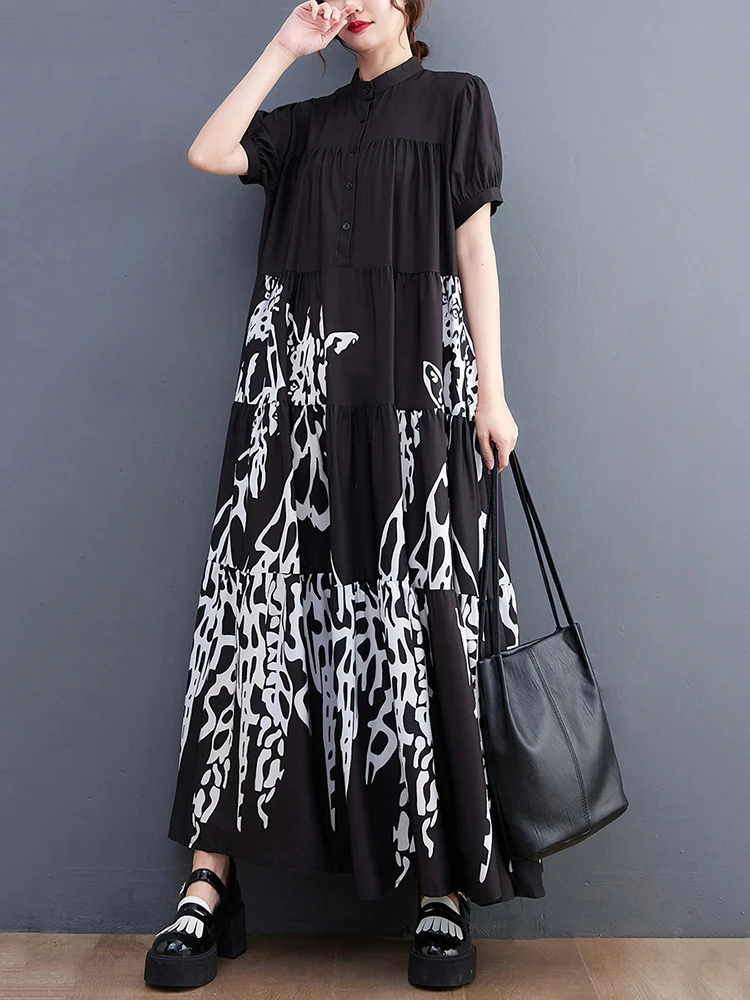 Black Vintage Print Patchwork Long Shirt Dresses For Women Short Sleeve Loose Casual Summer Dress Fashion Elegant Clothing 2024