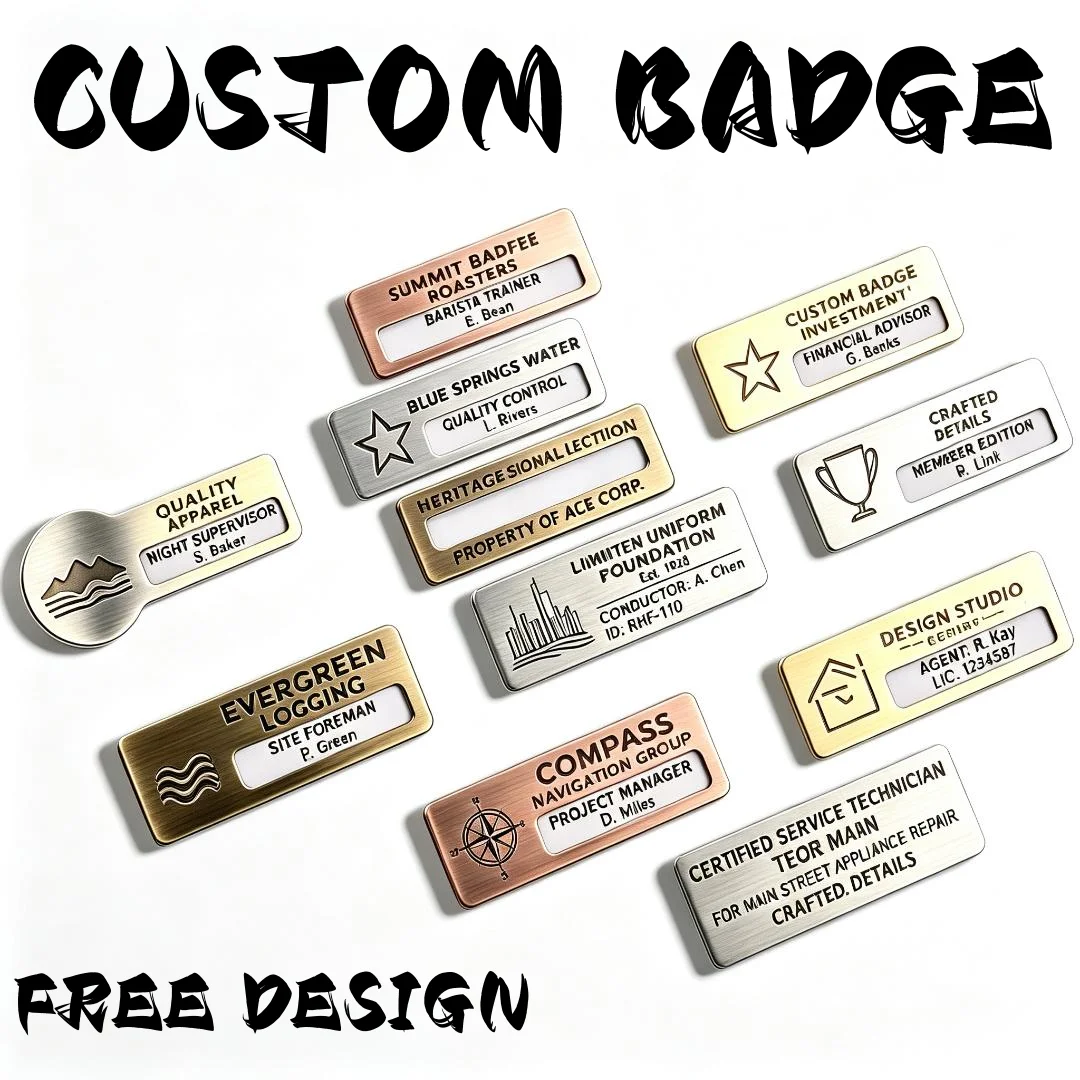 Custom LOGO Blank Metal Engraving Reusable Employee Staff Magnetic Nametag with Magnet Gold Silver