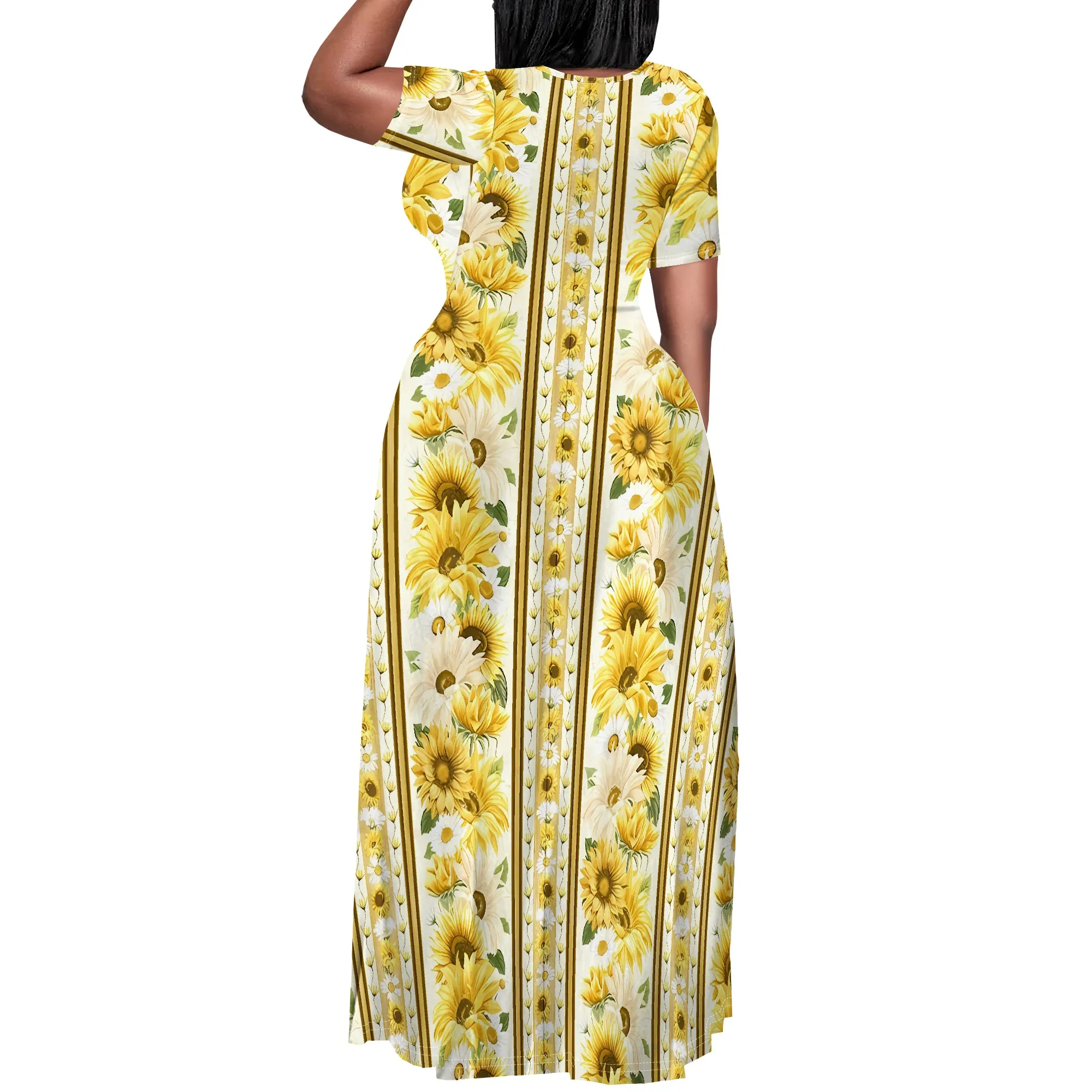 Plus Size Sunflower and Butterfly Print Maxi Dress for Women Summer Short Sleeve Boho Style