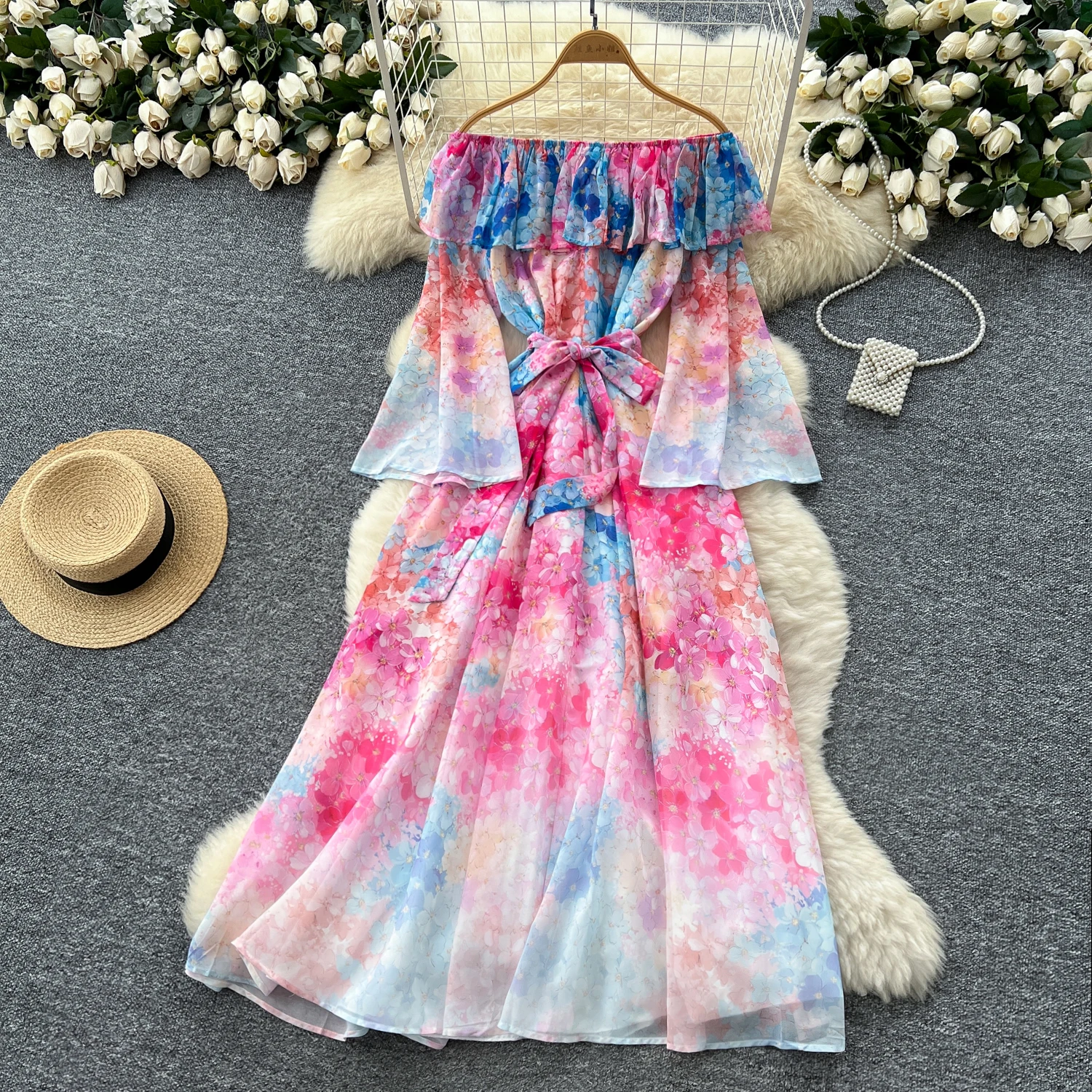 Elegantes, gespleißtes, langärmliges, gerüschtes Vintage-Chic-Ballkleid mit schmalem Ballkleid, französische High-Street-Abendkleidung