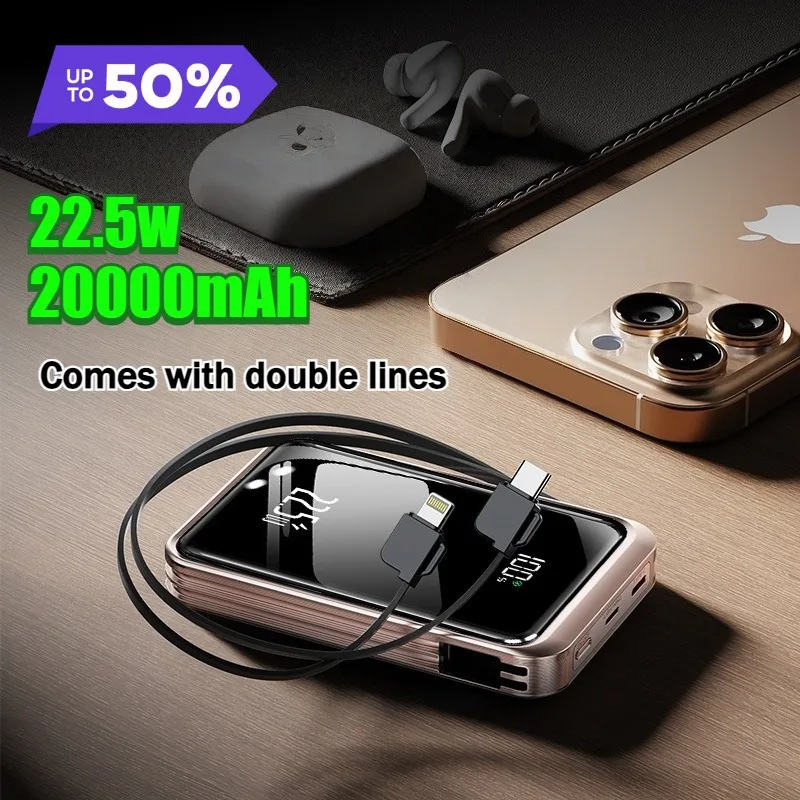 22.5W 10000mAh Large Capacity Magnetic Power Bank Mini Portable Charger with Built-in Cable