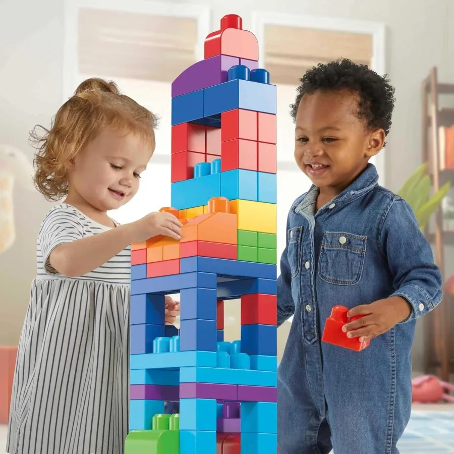 MEGA BLOKS Set di giocattoli per primi costruttori per bambini con 80 pezzi e custodia in blu, ideale per giochi creativi e iniziale