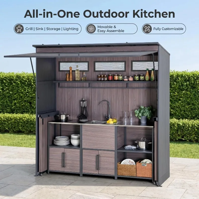 Modern Stainless Steel Frame Acrylic Particle Board Door Panel Movable Integrated Sink & Faucet Outdoor Kitchen Cabinet