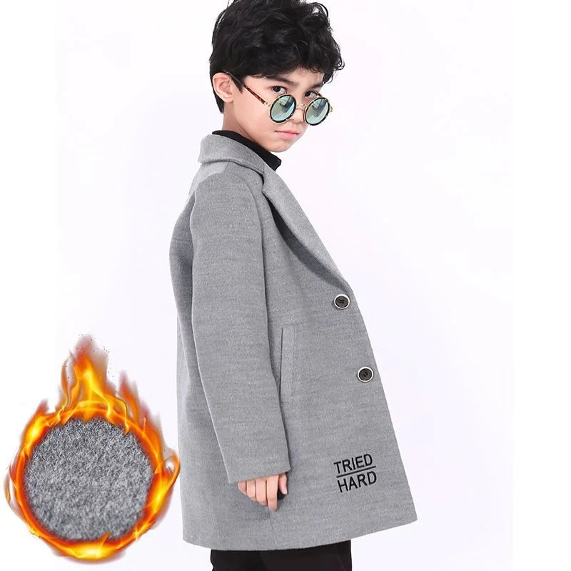 

Boys Woolen Coat Overcoat Jacket Windbreak 2024 Stylish Warm Plus Thicken Autumn Winter Cotton School Children's Clothing