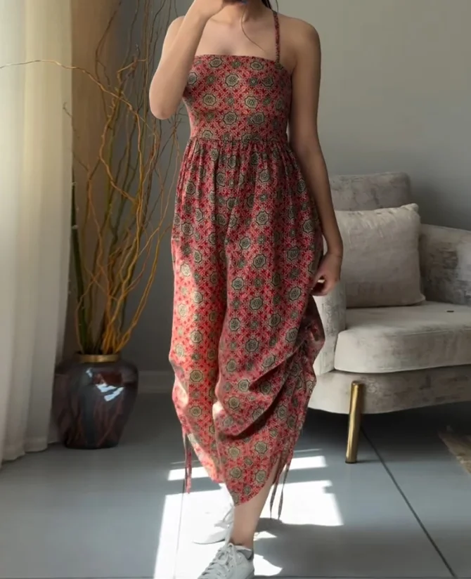 

Vintage tribal print suspender details jumpsuit casual drawstring loose jumpsuit summer new women's clothing