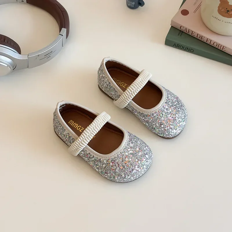 

Children PU Leather Shoes Girls New Sequined Elastic Band Baby Princess School Student Spring Autumn Loafer Flats