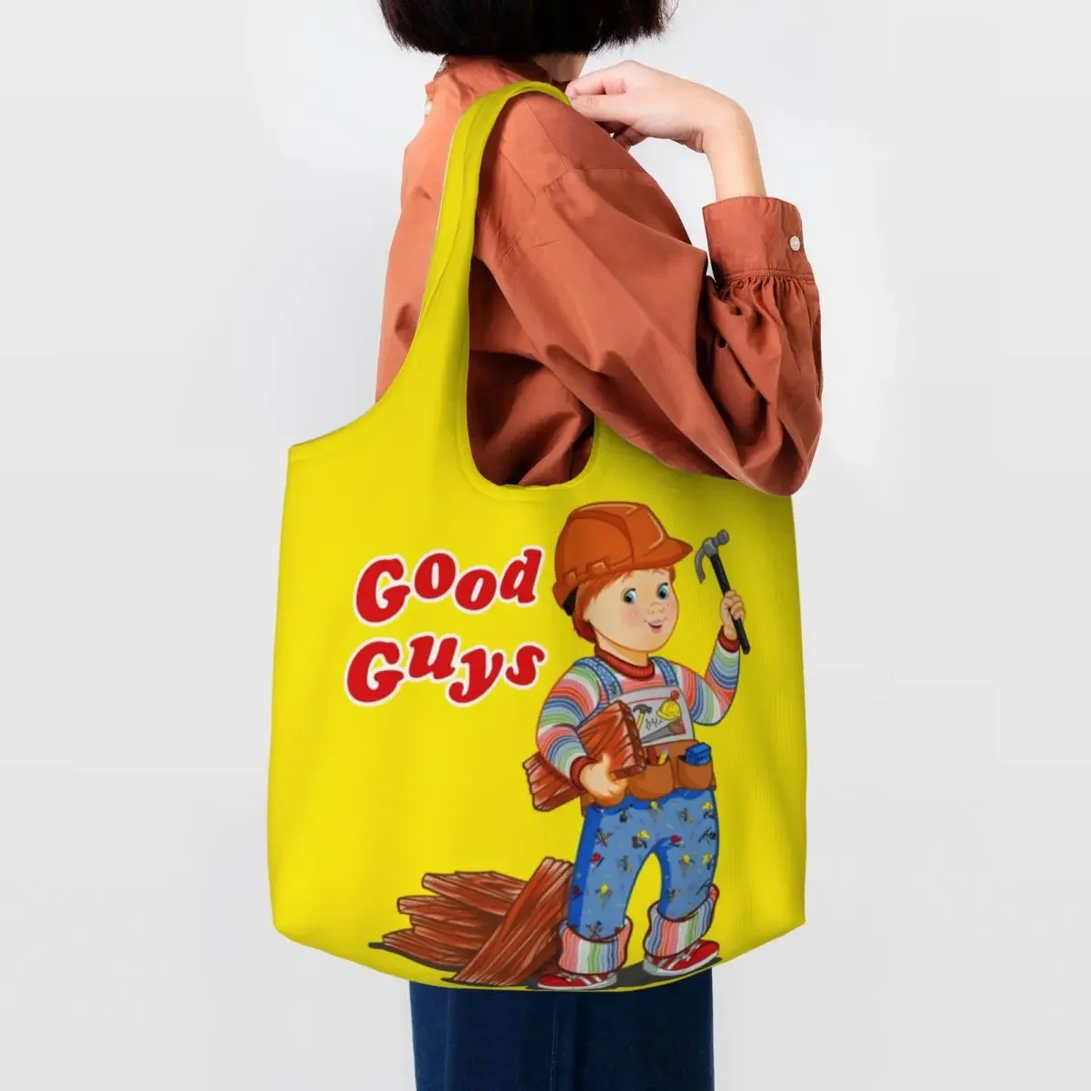 

Good Guys Construction Worker Shopping Canvas Bag Reusable Big Capacity Groceries Child's Play Chucky Cartoon Tote Shopper Bags