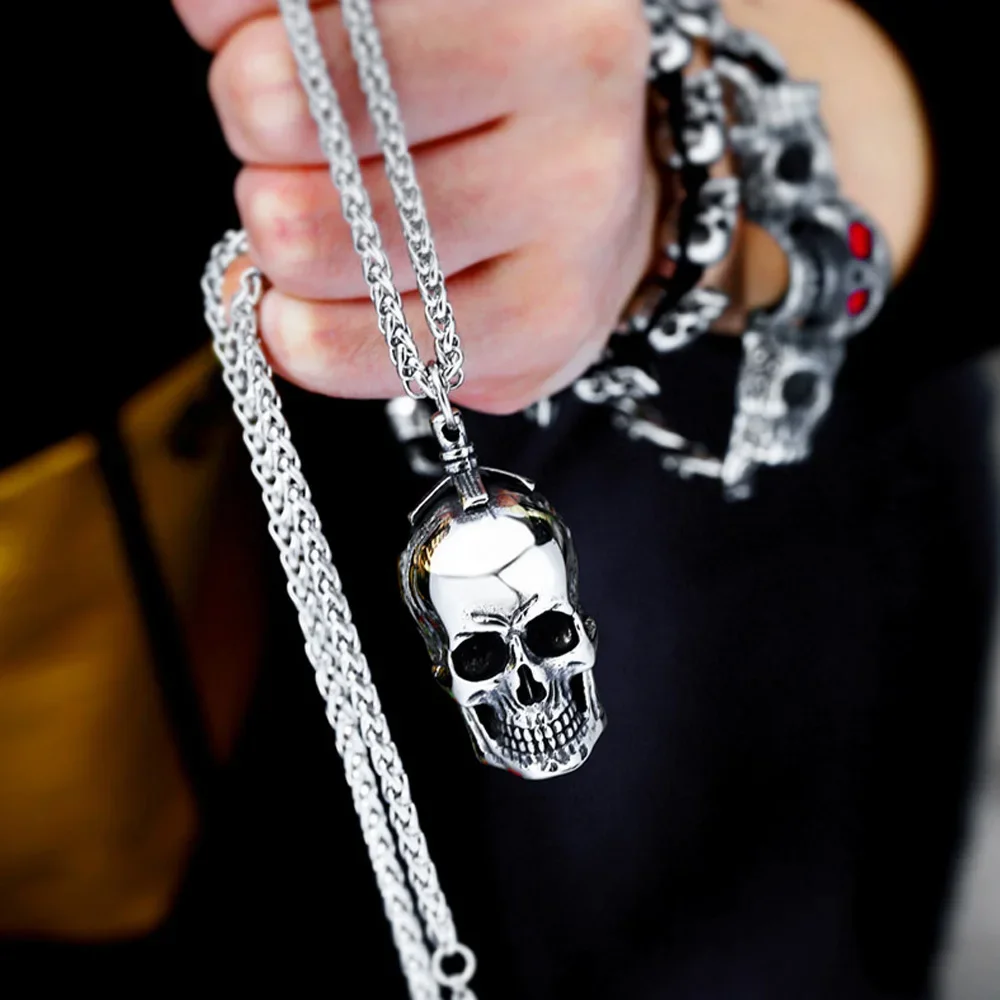 Goth Three Dimensional Skull Pendant Necklace Men Domineering Retro Stainless Steel Skull Biker Necklace Street Hip Hop Jewelry