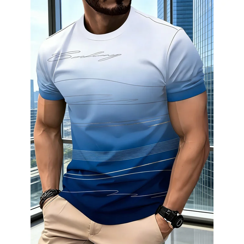 Summer Men's Short Sleeve T Shirt Blue White Gradient Line Print Breathable Comfortable Slightly Elastic Crew Neck Regular Fit
