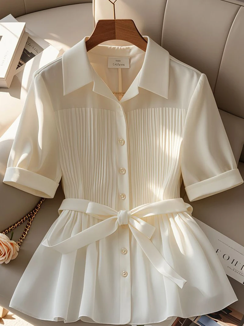 Gentle French high-end tops 2024 new high-end design niche elegant temperament waist solid color chiffon shirt female summer