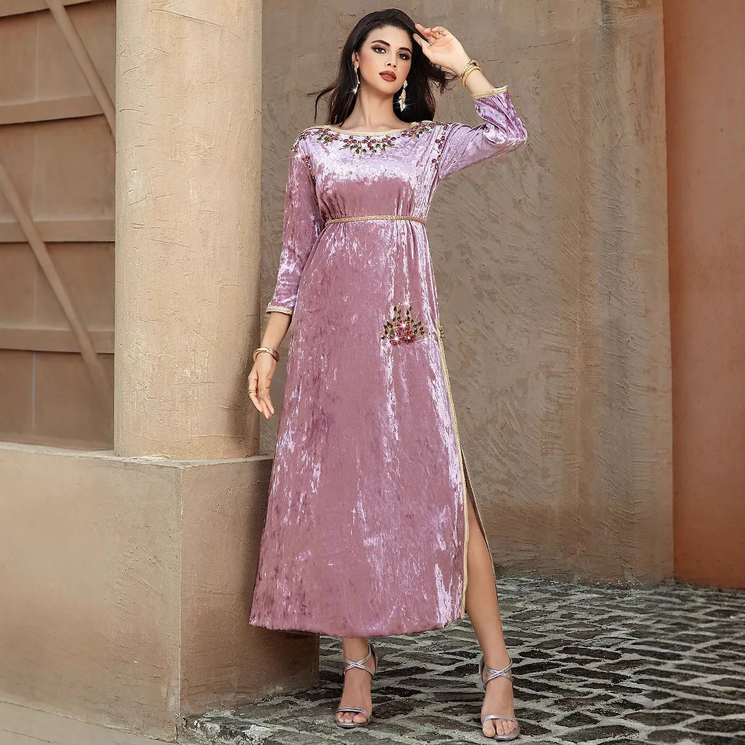 Women Muslim Velvet Maxi Dress Diamonds Flower Jalabiya Eid Djellaba Caftan Marocain Femme Musulmane Vestidos Dubai Abaya Kaftan