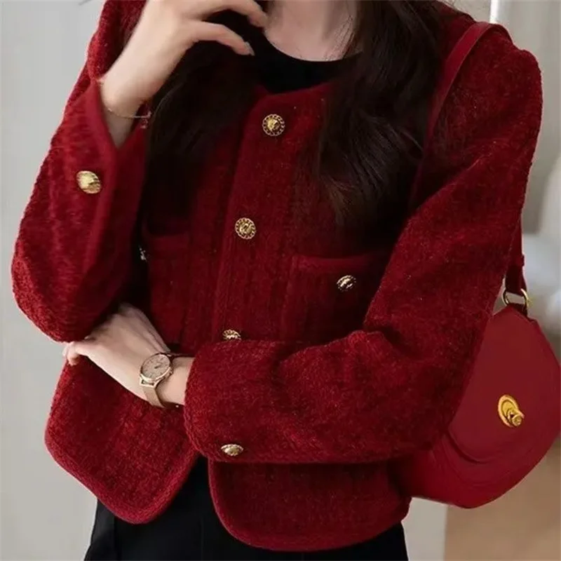 Women\'s Jacket 2024 Spring Autumn New Red Tweed Small Fragrance Coat Short Blazers Korean Fashion Elegant Female Tops Outerwear