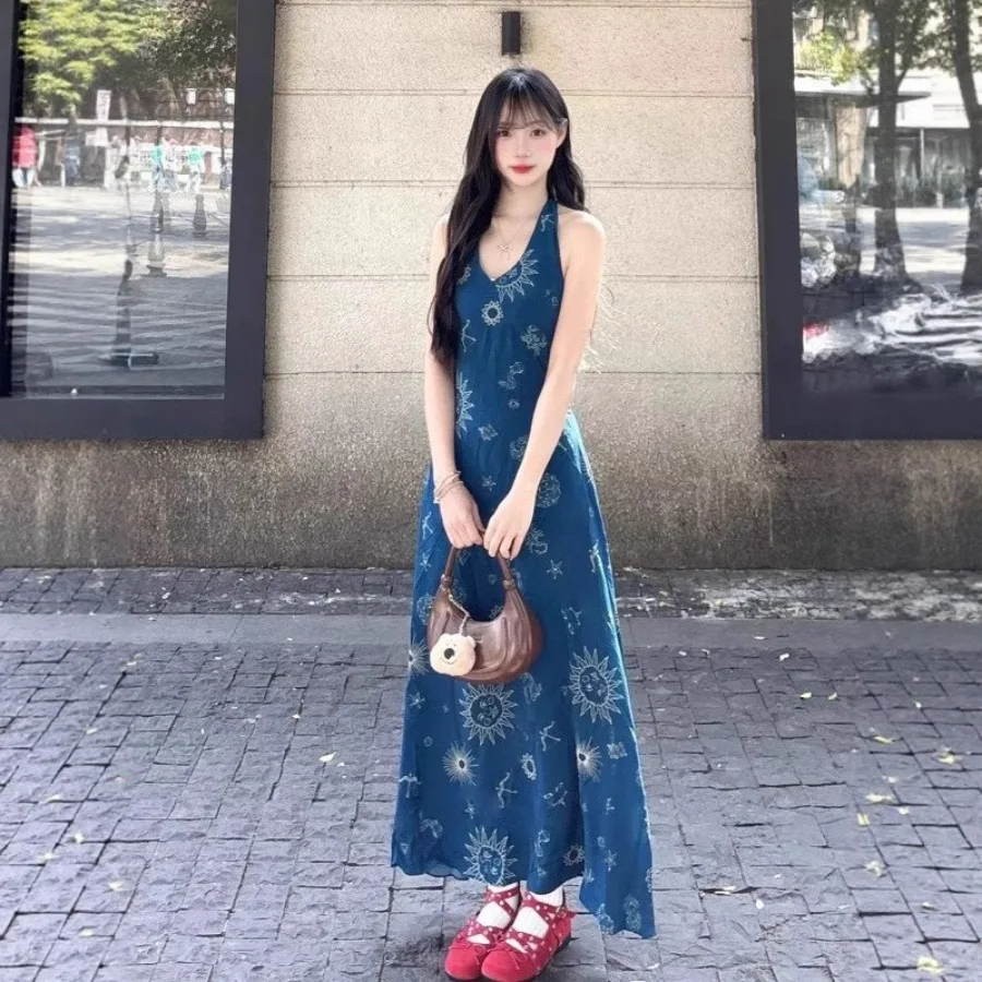 

【New style】French retro blue V-neck floral vest dress for women in summer, small man, waist, slimming and temperament a-line lo