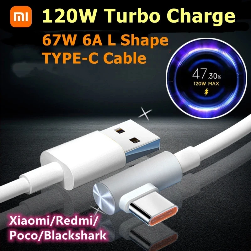 Original Xiaomi 120w 6A USB C Turbo Charger Cable Type C Cable Elbow 90 Degree Fast Charge Redmi Note 10 Mi 11 12 Poco Blacksha5