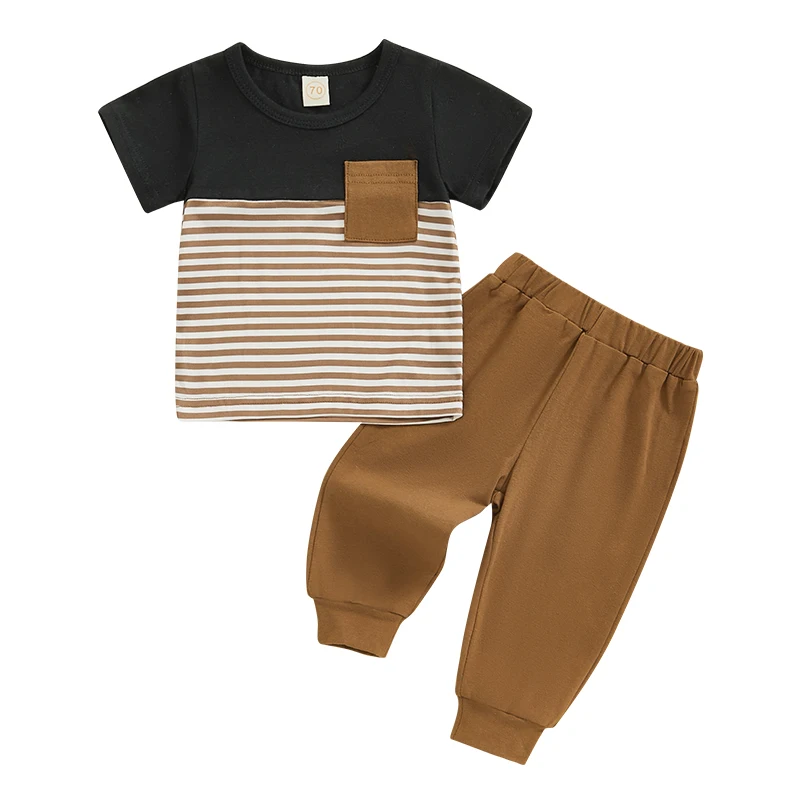 Casual Toddler Boys Summer Outfits Stripe Short Sleeve T-Shirts Tops Long Pants 2Pcs Boys Clothing Set