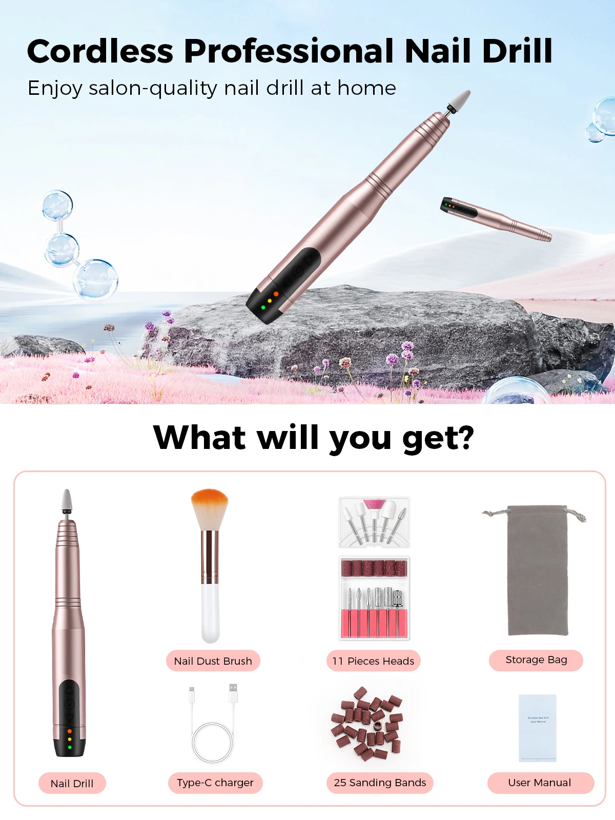 Electric Nail Drill Machine Adjustable Speed Cordless Nail File Kit Portable Manicure Pedicure Tools Polishing Set with Multiple