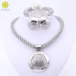 2024 Fashion Dubai Silver Plated Jewelry Sets Costume Round Design Silver Plated Nigerian Wedding African Beads Jewelry Sets
