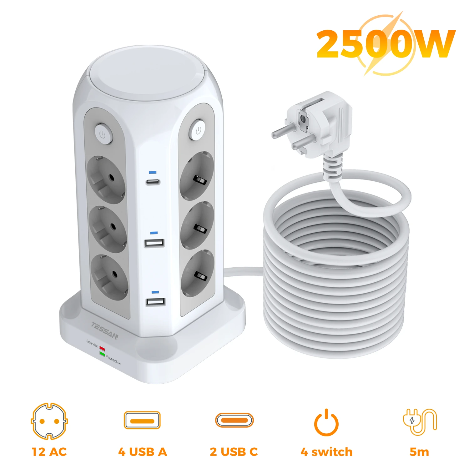 TESSAN Meerdere toren-stekkerdoos met overspanningsbeveiliging, 12 AC 6 USB 4 enkele schakelaars, 5M 2M verlengkabel